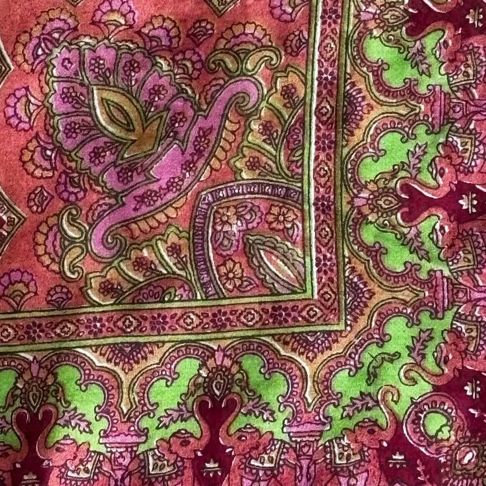 Sheer India Silk Scarf Boho square burgundy red & green paisley ornate elegant